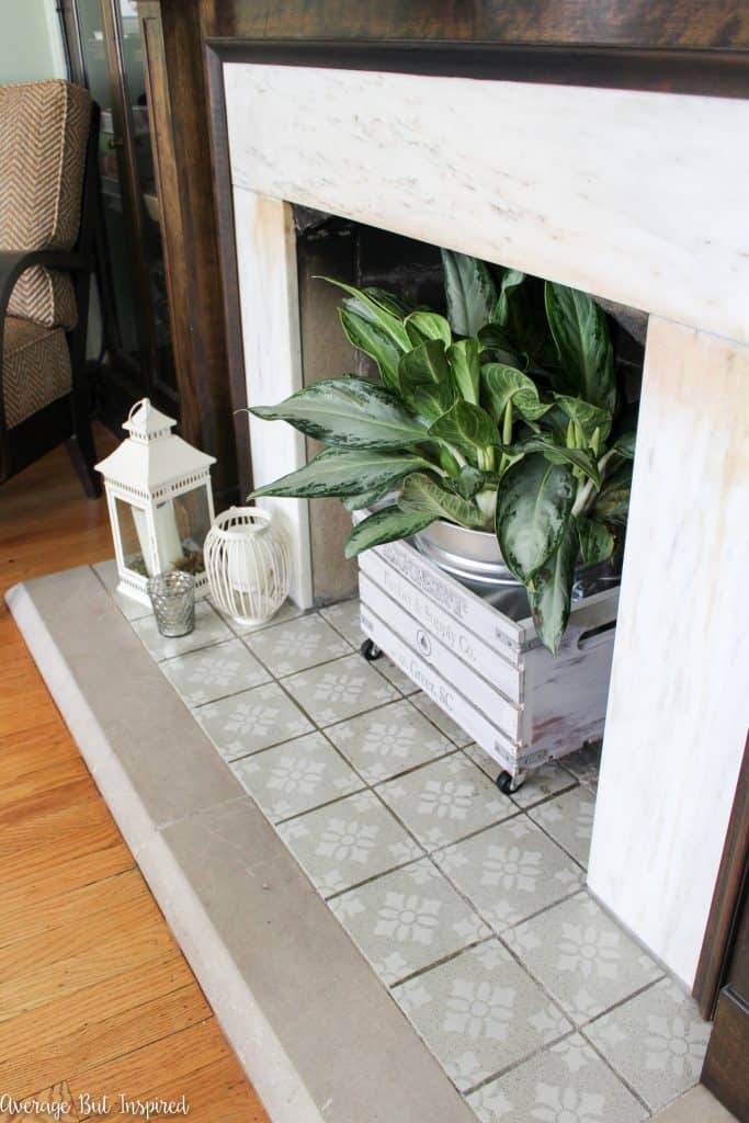 Stenciled Tile Fireplace Makeover {Monthly DIY Challenge}